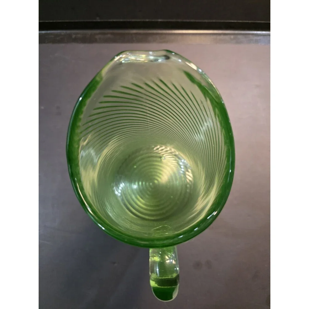 Antique Vintage Green Uranium Glass Pitcher – Diagonal Spiral Swirl Optic Ribbed